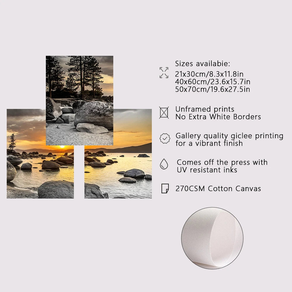 3PCS Frameless Canvas Paintings Sunset Sea Beach Natural Landscape Poster and Prints Wall Art Picture for Living Room Home Decor