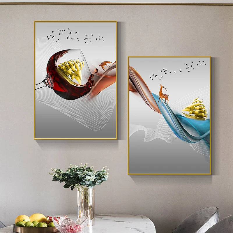 Abstract Luxury Wine Glass Canvas Wall Art Golden Sailboat Painting Dining Room Kitchen Decoration Posters and Prints Cuadros