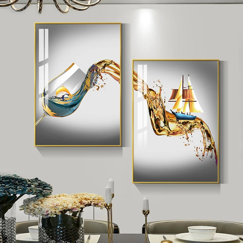 Abstract Luxury Wine Glass Canvas Wall Art Golden Sailboat Painting Dining Room Kitchen Decoration Posters and Prints Cuadros
