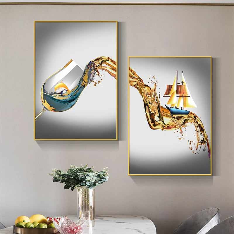 Abstract Luxury Wine Glass Canvas Wall Art Golden Sailboat Painting Dining Room Kitchen Decoration Posters and Prints Cuadros