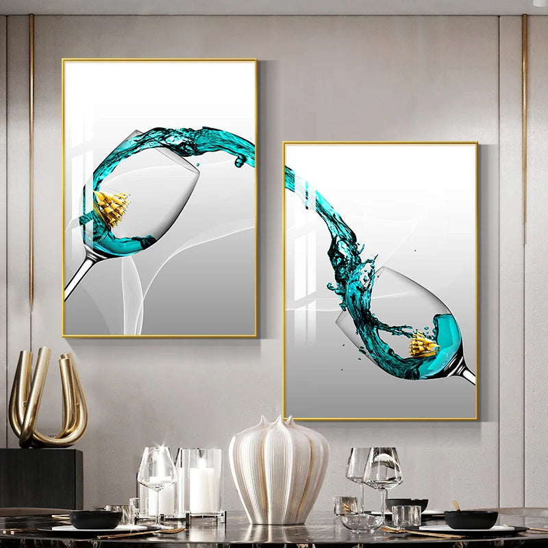 Abstract Luxury Wine Glass Canvas Wall Art Golden Sailboat Painting Dining Room Kitchen Decoration Posters and Prints Cuadros