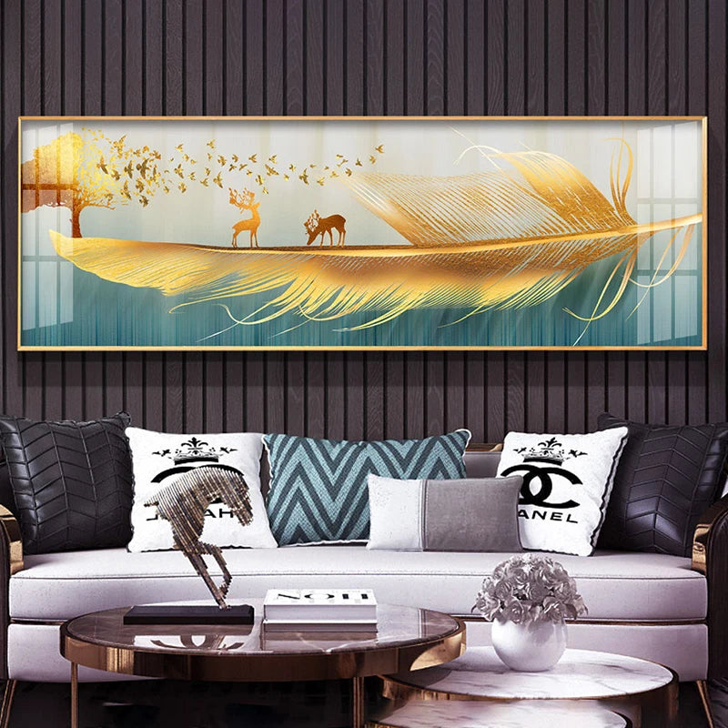 Modern Luxury Golden Feathers Gold Foil Deer Canvas Painting Wall Art Abstract Nordic Posters Prints for Living Room Decoration