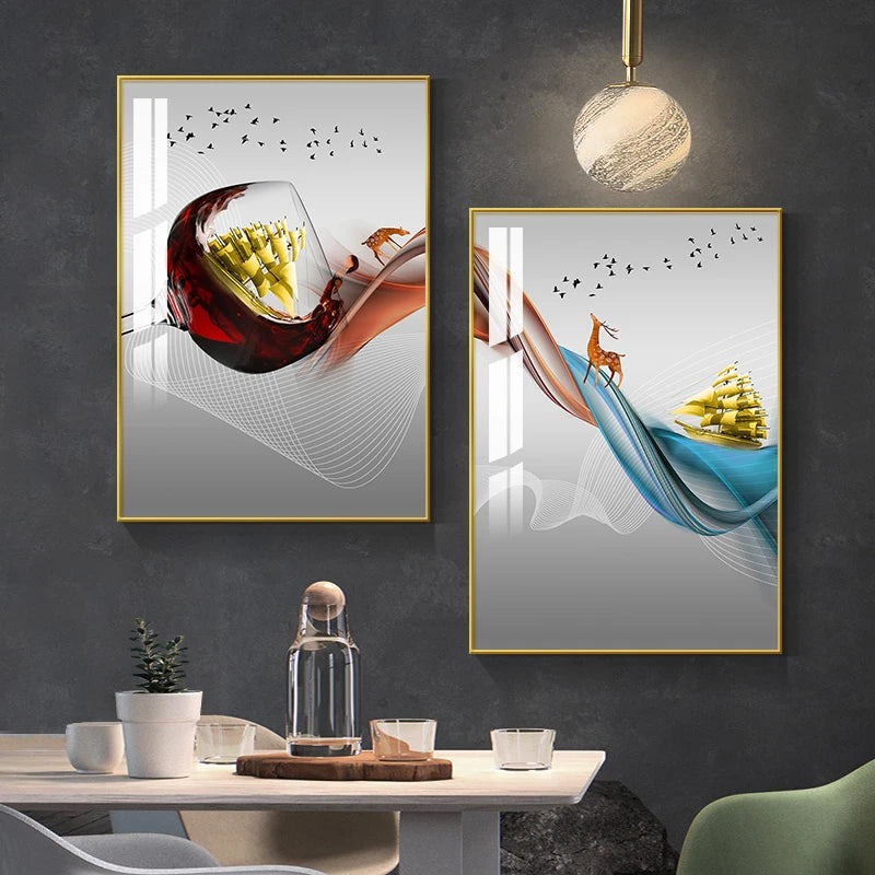 Abstract Luxury Wine Glass Canvas Wall Art Golden Sailboat Painting Dining Room Kitchen Decoration Posters and Prints Cuadros