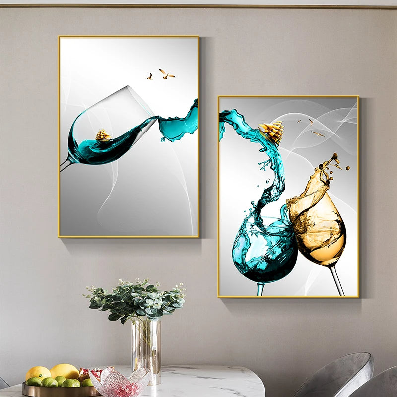 Abstract Luxury Wine Glass Canvas Wall Art Golden Sailboat Painting Dining Room Kitchen Decoration Posters and Prints Cuadros