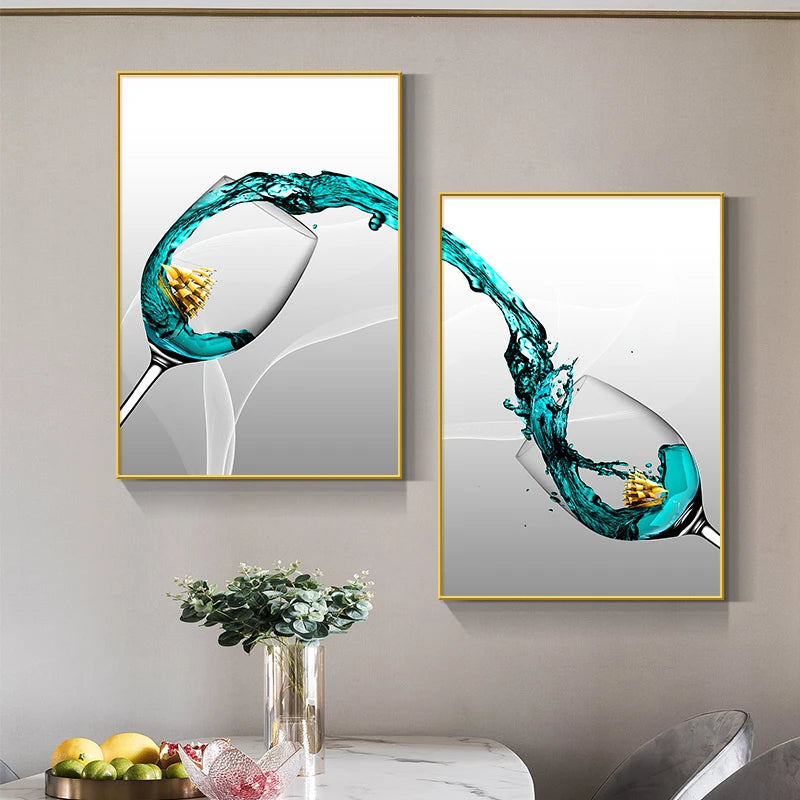 Abstract Luxury Wine Glass Canvas Wall Art Golden Sailboat Painting Dining Room Kitchen Decoration Posters and Prints Cuadros
