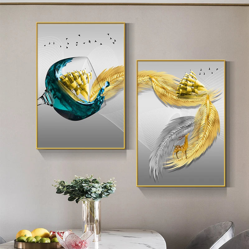 Abstract Luxury Wine Glass Canvas Wall Art Golden Sailboat Painting Dining Room Kitchen Decoration Posters and Prints Cuadros