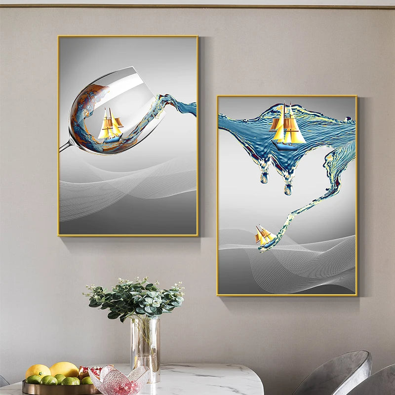 Abstract Luxury Wine Glass Canvas Wall Art Golden Sailboat Painting Dining Room Kitchen Decoration Posters and Prints Cuadros