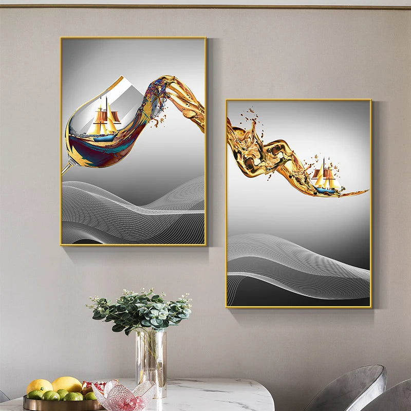 Abstract Luxury Wine Glass Canvas Wall Art Golden Sailboat Painting Dining Room Kitchen Decoration Posters and Prints Cuadros