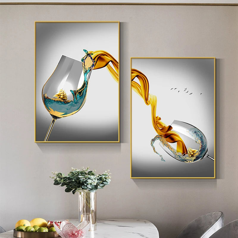 Abstract Luxury Wine Glass Canvas Wall Art Golden Sailboat Painting Dining Room Kitchen Decoration Posters and Prints Cuadros