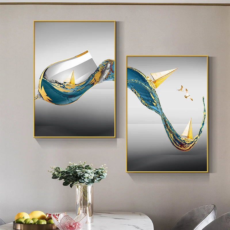 Abstract Luxury Wine Glass Canvas Wall Art Golden Sailboat Painting Dining Room Kitchen Decoration Posters and Prints Cuadros