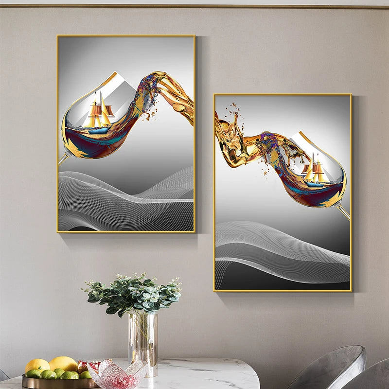 Abstract Luxury Wine Glass Canvas Wall Art Golden Sailboat Painting Dining Room Kitchen Decoration Posters and Prints Cuadros