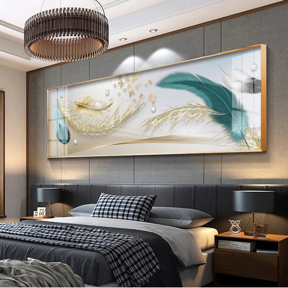 Modern Luxury Golden Feathers Gold Foil Deer Canvas Painting Wall Art Abstract Nordic Posters Prints for Living Room Decoration