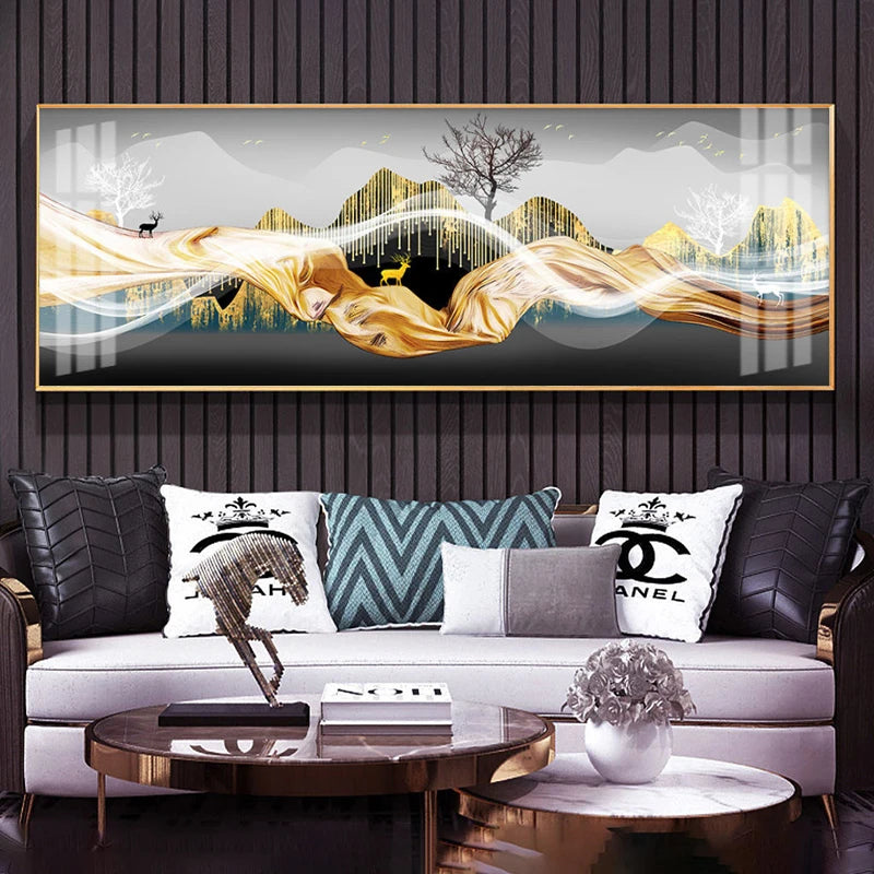 Modern Luxury Golden Feathers Gold Foil Deer Canvas Painting Wall Art Abstract Nordic Posters Prints for Living Room Decoration