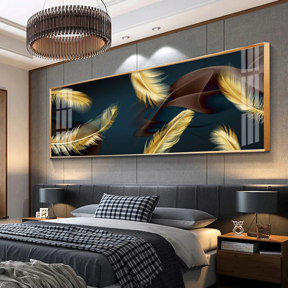 Modern Luxury Golden Feathers Gold Foil Deer Canvas Painting Wall Art Abstract Nordic Posters Prints for Living Room Decoration