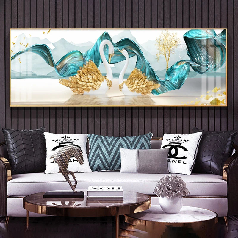 Modern Luxury Golden Feathers Gold Foil Deer Canvas Painting Wall Art Abstract Nordic Posters Prints for Living Room Decoration