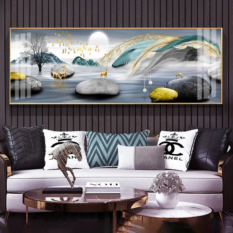 Modern Luxury Golden Feathers Gold Foil Deer Canvas Painting Wall Art Abstract Nordic Posters Prints for Living Room Decoration