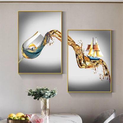 Abstract Luxury Wine Glass Canvas Wall Art Golden Sailboat Painting Dining Room Kitchen Decoration Posters and Prints Cuadros