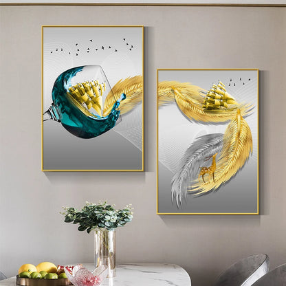 Abstract Luxury Wine Glass Canvas Wall Art Golden Sailboat Painting Dining Room Kitchen Decoration Posters and Prints Cuadros