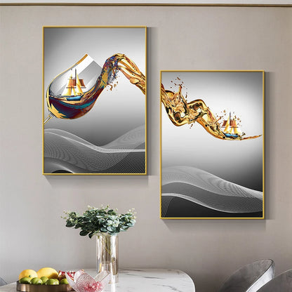 Abstract Luxury Wine Glass Canvas Wall Art Golden Sailboat Painting Dining Room Kitchen Decoration Posters and Prints Cuadros