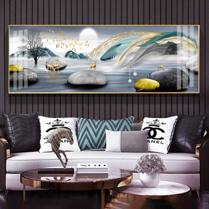 Modern Luxury Golden Feathers Gold Foil Deer Canvas Painting Wall Art Abstract Nordic Posters Prints for Living Room Decoration